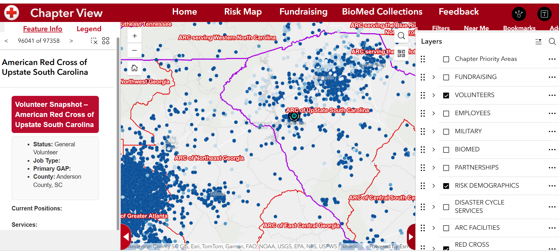 Chapter View screenshot for Upstate South Carolina, showing the volunteer map, Feature Info and Legend on the left, and the Layers list on the right.