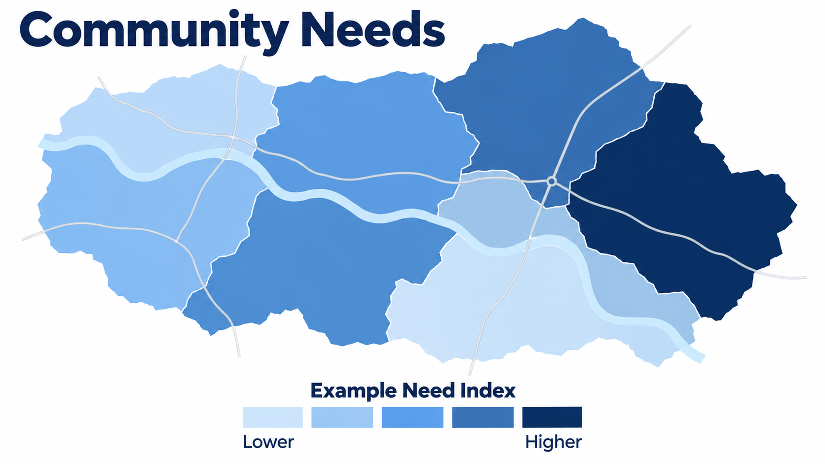 Imaginary neighborhoods shaded light to dark blue to illustrate comparing a community need index, not measured data.